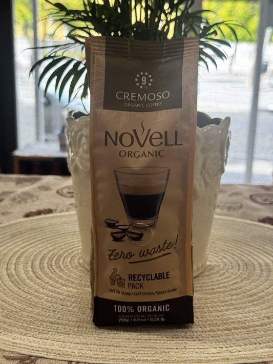 Novell Organic Cremoso – Bio zrnková káva se sametovou cremou v recyklovatelném obalu (250 g)