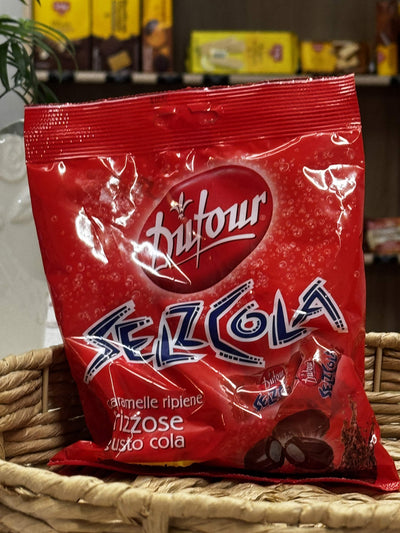 Dufour Selz Cola Šumivé plněné karamely s příchutí koly a vitamínem C (Caramelle ripiene frizzose gusto cola con Vitamina C)